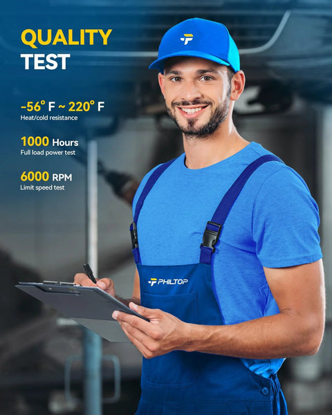Technician in blue uniform holding clipboard for quality testing in automotive environment