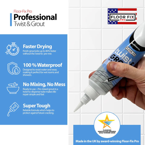 Twist And Grout Reviver Premixed Tile Repair For Bathroom, Shower And Kitchen With Smoothing Tool Light Gray 8.8 Fluid Ounces No Mixing Ready To Use Fast Clean Grout Touch Ups For Ceramic And Porcelain Tiles shown being held in hand.