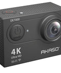 Black 4K Action Camera With 20MP Photos, WiFi, EIS Stabilization, showing front view with lens and power button visible