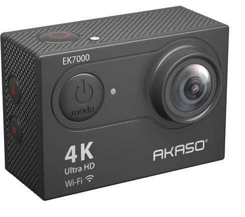 Black 4K Action Camera With 20MP Photos, WiFi, EIS Stabilization, showing front view with lens and power button visible