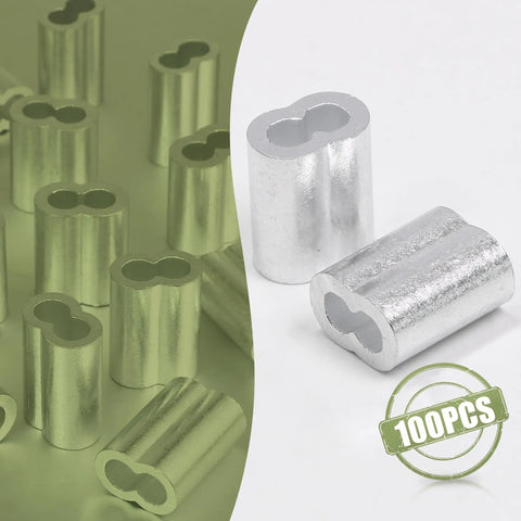 100 Pcs M2 Aluminum Crimp Sleeves For Wire Rope Ends Double Barrel Ferrules Easy Install Loop Crimps Protective Wire Rope End Caps For Heavy Duty Applications, silver sleeves