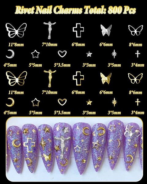 Top Shelf 800 Pieces Silver And Gold Metallic Nail Art Studs Featuring Butterfly Star Moon Heart Cross Charms For DIY Manicure Decor And Lit Fingernail Slay Vibes