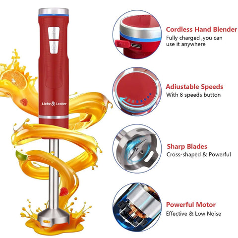Badass Cordless Immersion Stick Blender With 8 Power Levels And 3 In 1 Utility For Silky Purees Savory Soups And Thick Sauces, red with 8 speeds.
