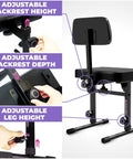 Heavy Duty Piano Keyboard Stand With Wheels And Adjustable Bench For 54 To 88 Key Digital Pianos Portable Rack And Stool Set showing adjustable backrest, depth, and leg height.