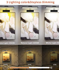 Dimmable Wireless Rechargeable Picture Light With Remote And Timer showing three lighting modes on framed paintings, 3000K to 5000K.