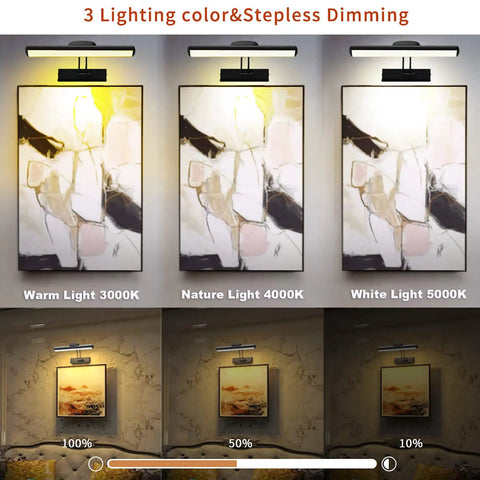 Dimmable Wireless Rechargeable Picture Light With Remote And Timer showing three lighting modes on framed paintings, 3000K to 5000K.