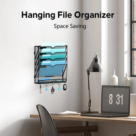 Wall Mount Paper File Organizer With Mail Sorter Slots And Five Heavy Duty Hooks For Home Office Storage And Kick Clutter To The Curb While Keeping Daily Bills Folders And Keys Totally Spick And Span In Sleek Black