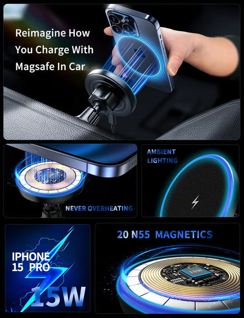3 In 1 Wireless Car Mount Charger With RGB LED Handsfree Magnetic Phone Holder, iPhone 15 Pro charging, vent mount