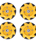 Set of four yellow plastic omni-directional mecanum robot wheels with black rubber tires, 48mm diameter (two pairs)