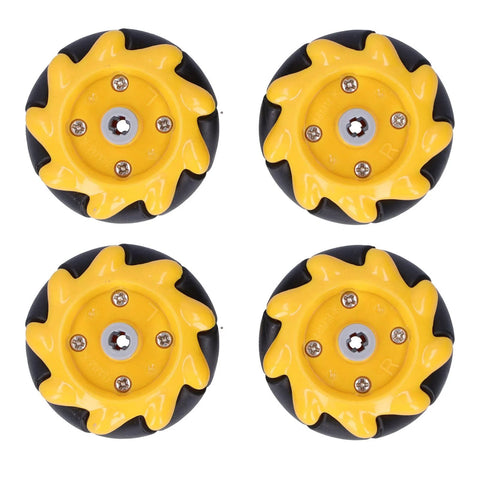 Yellow and black 48mm mecanum wheels for DIY robotics projects, rubber-coated for smooth movement and grip, ideal for educational kits.