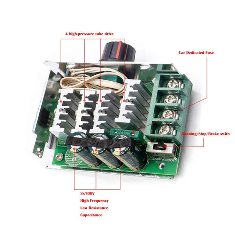 Internal view of 7-80V PWM DC Motor Speed Controller Switch 30A with On Board Stop Brake Function and components labeled.