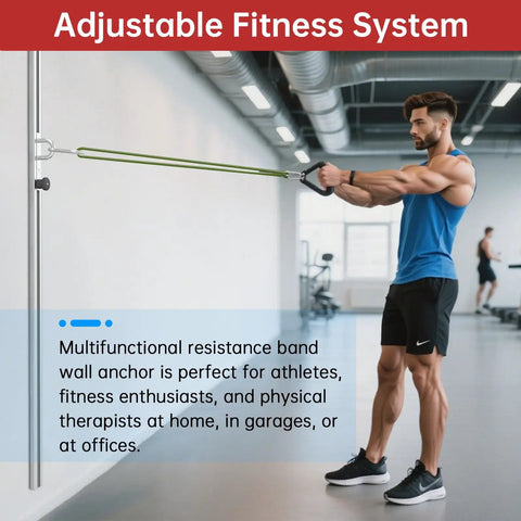Heavy Duty Adjustable Wall Mount Anchor Platform For Resistance Bands Featuring 35 Custom Locking Positions To Level Up Your At Home Gym Setup And Crush Each And Every Rep in use by a man working out.