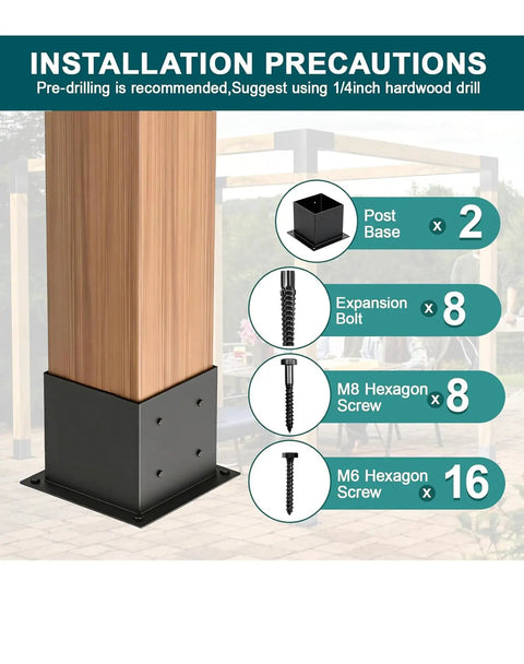 Beefy Heavy Duty 6x6 Post Base Brackets Kit Two Pack With Inner Size 5.6x5.6 For Wood Posts, Black Powder Coated Steel, Pavilion Deck Railing Support, Durable Welded Construction Base Plate Included