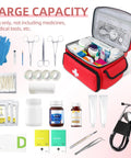 ALSLEA red first aid bag, 12x9x7 inches, open showing medical supplies and organizer compartments