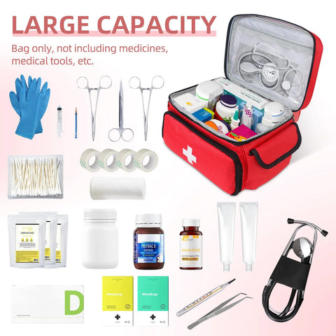 ALSLEA red first aid bag, 12x9x7 inches, open showing medical supplies and organizer compartments