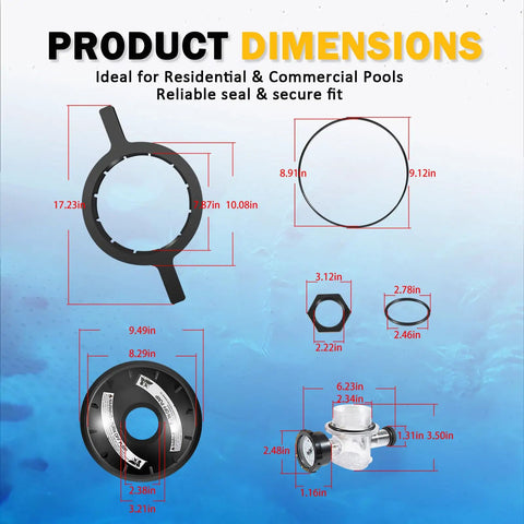 Eight Point Five Inch Black Buttress Thread Closure Kit Leak Free Replacement For Triton II TR100 TR140 TR100C TR140C And Triton C Three Pool And Spa Sand Filters Includes Air Relief Valve PSI Gauge Lid Wrench And O Rings dimensions