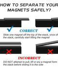 Neodymium magnet bars instructional poster showing safe separation with CORRECT and INCORRECT examples.