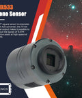 Close-up of 605MC Telescope Camera With IMX533 Sensor, Cooled Monochrome CMOS, nebula in background, 14-bit output, USB 3.0.
