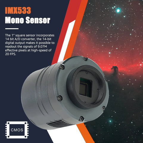 Close-up of 605MC Telescope Camera With IMX533 Sensor, Cooled Monochrome CMOS, nebula in background, 14-bit output, USB 3.0.