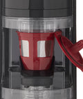 Close-up of No Sweat Automatic 2 In 1 Coffee Grinder For Single Serve Pods And Fresh Beans with red filter cup.