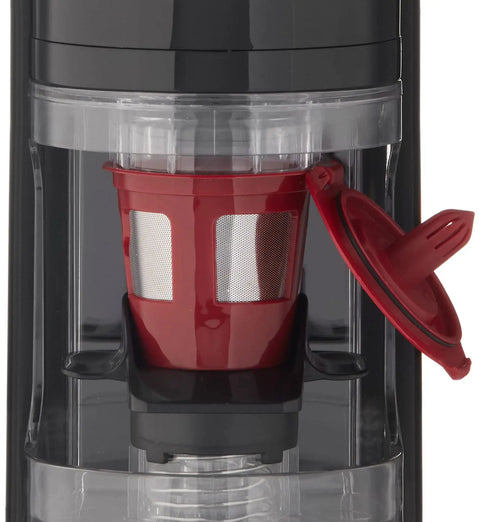 Close-up of No Sweat Automatic 2 In 1 Coffee Grinder For Single Serve Pods And Fresh Beans with red filter cup.