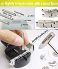 Watch Link Removal Kit With Hammer And Spring Bar Tool For Quick Band Sizing And Strap Adjustment shown in use on metal band.
