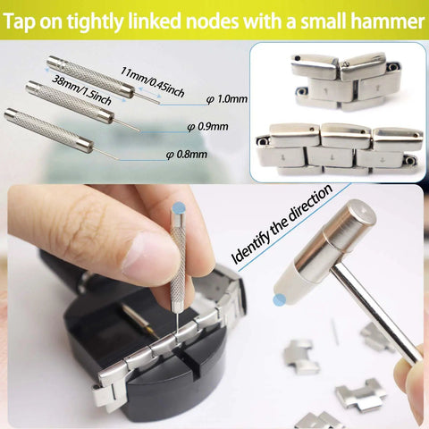 Watch Link Removal Kit With Hammer And Spring Bar Tool For Quick Band Sizing And Strap Adjustment shown in use on metal band.