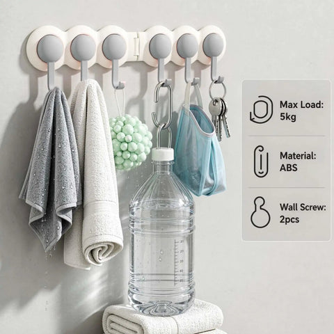 Heavy Duty Six Hook Adhesive Wall Rack With Smooth 180 Degree Swivel And Easy No Drill Mount holding towels and keys.
