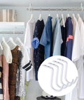 Heavy Duty Closet Rod Center Supports Four Piece Rock Solid Premium Wall Mount Steel Brackets Zero Sag Guarantee, holding shirts in organized closet.