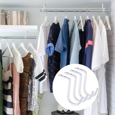 Heavy Duty Closet Rod Center Supports Four Piece Rock Solid Premium Wall Mount Steel Brackets Zero Sag Guarantee, holding shirts in organized closet.