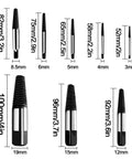 Thirteen Size Left Hand Spiral Screw And Bolt Extractor Kit with dimension labels for each extractor displayed vertically.