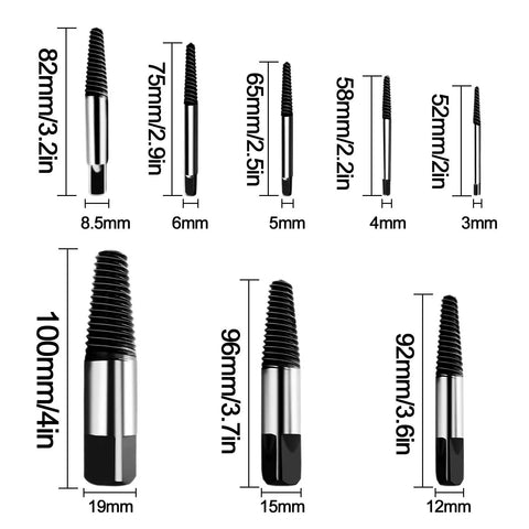Thirteen Size Left Hand Spiral Screw And Bolt Extractor Kit with dimension labels for each extractor displayed vertically.