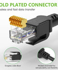 Close-up view of Outdoor Cat6 Ethernet Cable 200 Ft 24 AWG Copper with gold-plated connector, 550MHz direct burial waterproof LLDPE UV jacket.
