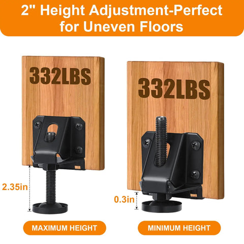 Heavy Duty Leveling Feet And Adjustable Furniture Legs Knock That Wobble Dead Features Hex Key For Built Tough 332 Lbs Industrial Grade Support 8 Pack Black, showing height adjustments of 2.35in and 0.3in.