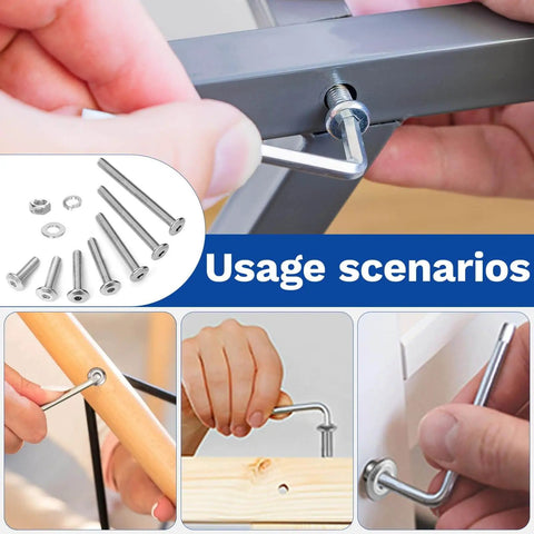 30Pcs M5 x 12mm Flat Head Hex Socket Cap Screws Set 304 Stainless Steel Fully Threaded Bolts With Hex Key And Screwdriver Bit Corrosion-Resistant For Furniture Machinery Indoor Outdoor Use shown being used in furniture assembly.