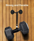 Heavy Duty 2 Pack 4 Inch Stainless Steel Gate Latch Lock for Barn Doors and Bathrooms holding a 40lb dumbbell, emphasizing strength.