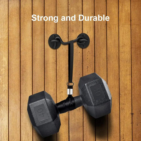 Heavy Duty 2 Pack 4 Inch Stainless Steel Gate Latch Lock for Barn Doors and Bathrooms holding a 40lb dumbbell, emphasizing strength.