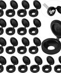 Hinged Plastic Screw Cover Caps With Shutter Fold Design, Snap On Washer Flip Tops Small Black 100 Pack array on white backdrop