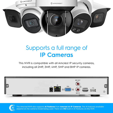 Rear view of 8 Channel 4K NVR Security System with various IP cameras, 8MP support, 30fps real-time view, 10TB drive ready, no WiFi