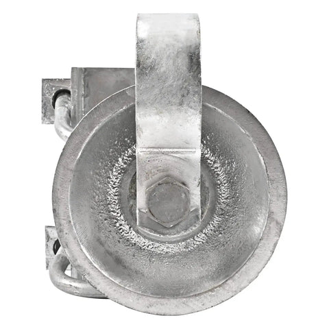 Top view of Heavy Duty Chain Link Sliding Gate Rollers Set With 5 Inch Wheels For 2-Inch Gate Frames And 1-5/8 Inch Track Galvanized Steel Hardware