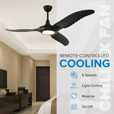 Sleek Eighty Four Inch High Velocity Ceiling Fan With Hardcore One Hundred Watt Motor And Three Patented Blades Serving Killer Chill For Every Room And Patio Hangout in black finish, featuring remote control and 6 speed settings.