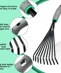 Close-up of Two Piece Stainless Steel Hand Rake Set For Gardening showing handle grip, steel claws, and design features.