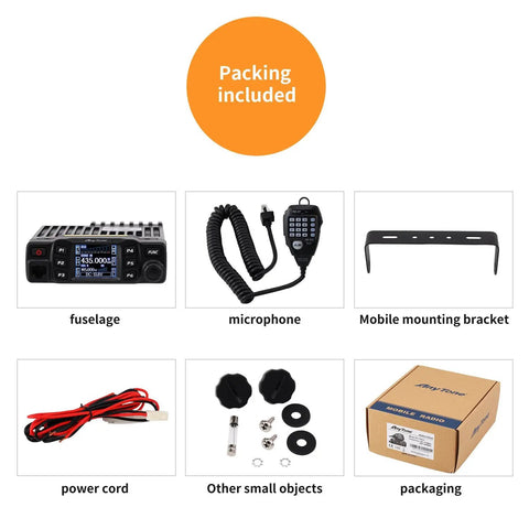 Beefed Up Dual Band Ham Radio Transceiver For Mobile Use VHF UHF AT 778UV with accessories including microphone and bracket.