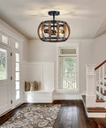 Entryway with Dope Black Farmhouse Ceiling Light Fixture With Wood Grain Metal Finish, 3-Light Drum Semi-Flush Mount, modern rustic style