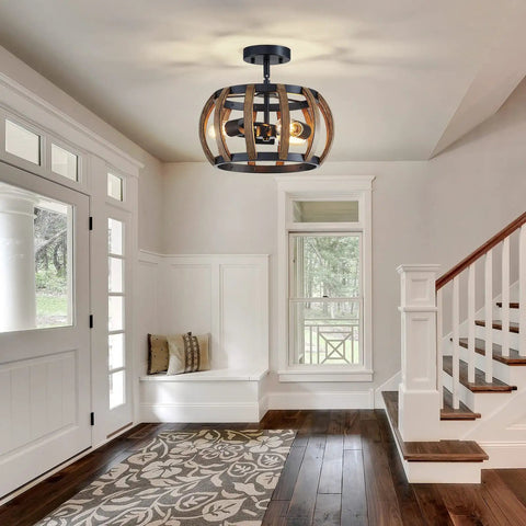 Entryway with Dope Black Farmhouse Ceiling Light Fixture With Wood Grain Metal Finish, 3-Light Drum Semi-Flush Mount, modern rustic style