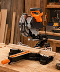 Straight Shooting 10 Inch Sliding Compound Miter Saw Featuring Quick Release Extension Shelf And Smooth 0 To 45 Dual Bevel Pivot For Frustration Free Cutting Through Wood Plastic Or Tile on a workbench.
