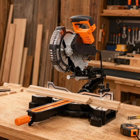 Straight Shooting 10 Inch Sliding Compound Miter Saw Featuring Quick Release Extension Shelf And Smooth 0 To 45 Dual Bevel Pivot For Frustration Free Cutting Through Wood Plastic Or Tile on a workbench.