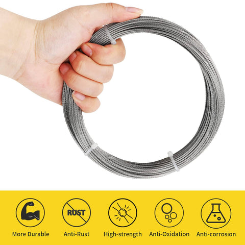 Hand holding coiled One Sixteenth Inch Stainless Steel Wire Rope Heavy Duty DIY Ready 100 Feet 304 Aircraft Grade Cable