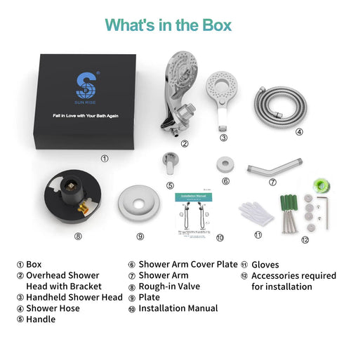 Box contents of 8 Spray Magnetic Dual Shower Head Combo With Handheld Spray, 2 In 1 Shower Valve And Trim Kit, Chrome Finish