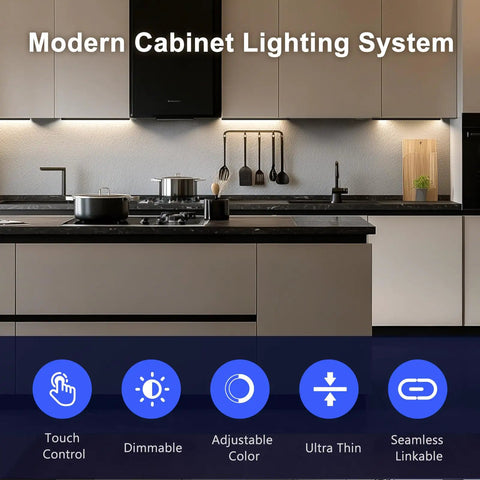 Kitchen with Six Pack Under Cabinet Lighting With Touch Control LED Light Bars, Dimmable and Color Temperature Adjustable 2700K to 6500K.